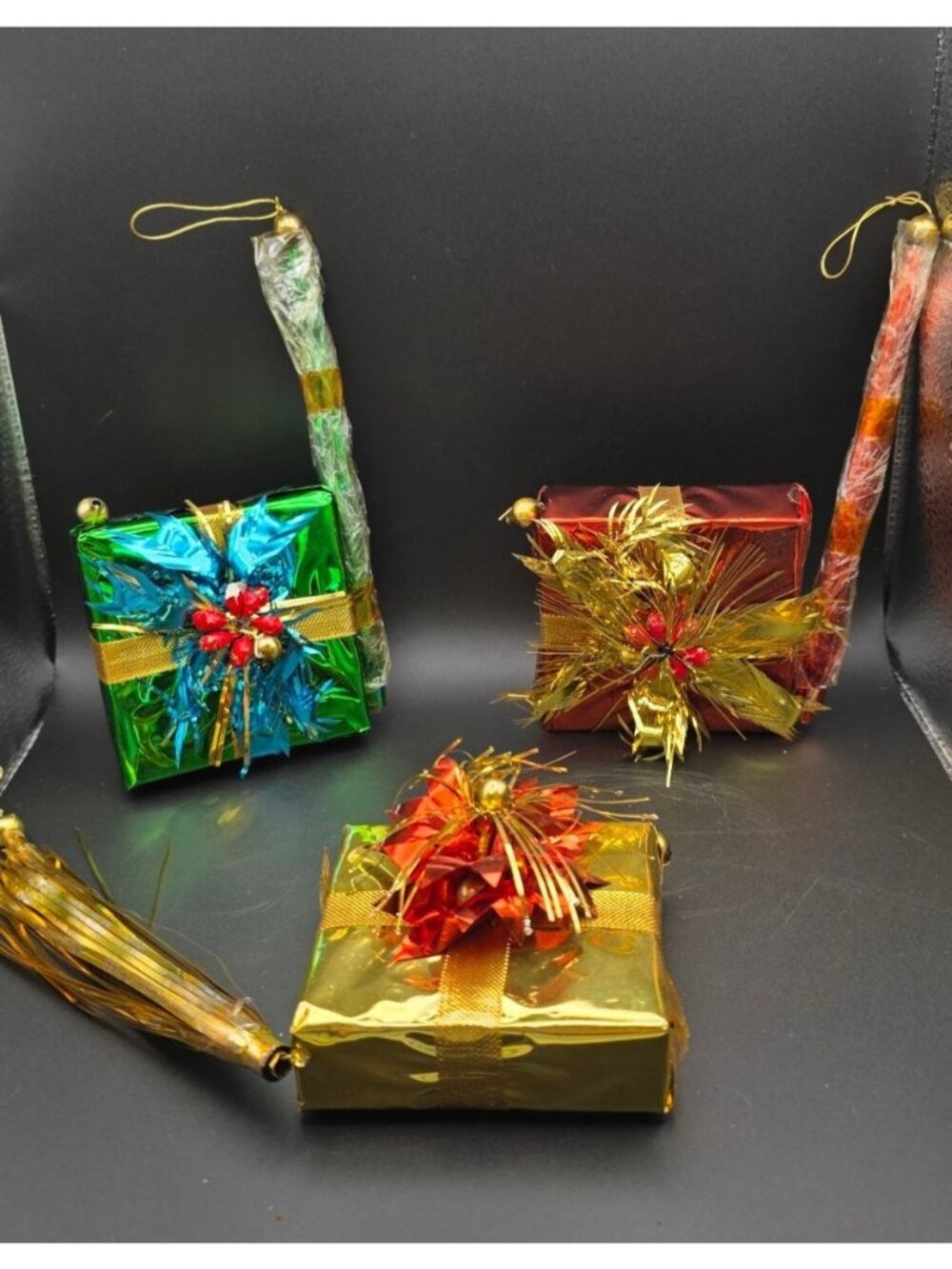 Vintage NOS Metallic Foil Tinsel Fountain Gift Box Kitschy Christmas Ornaments